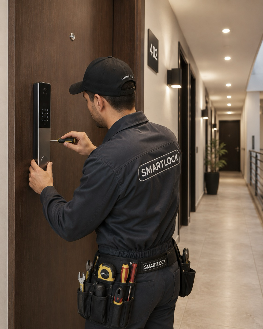 Técnico Smartlock instalando cerradura inteligente